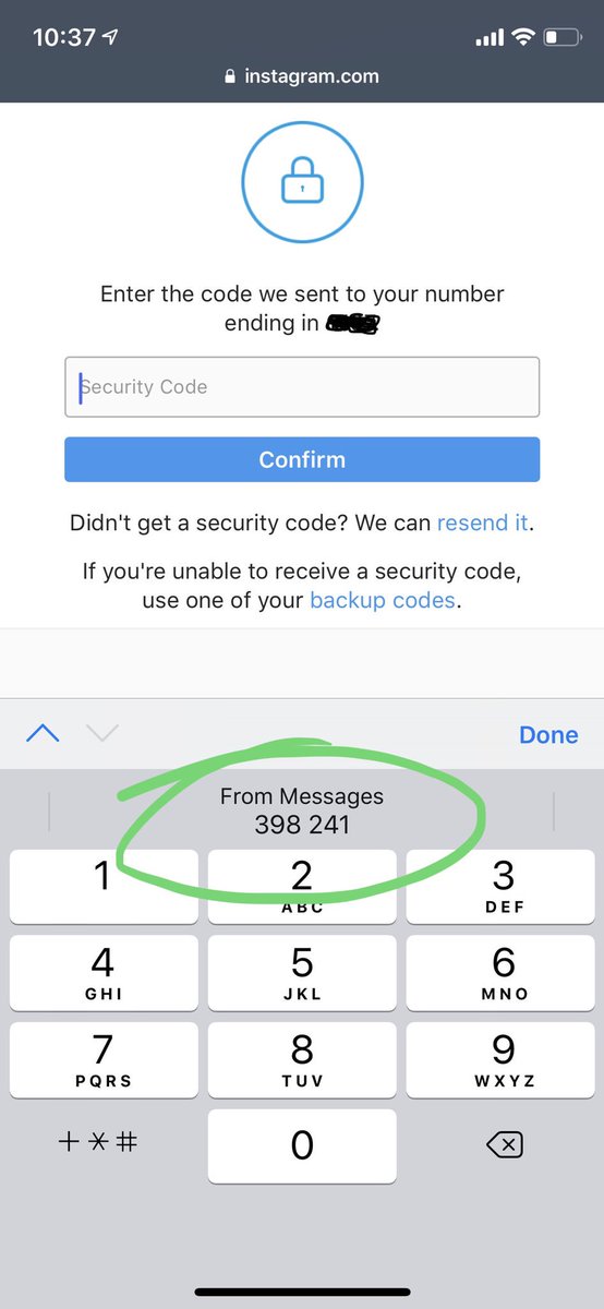 Screenshot of iOS showing the sms code above the keyboard on Instagram.com