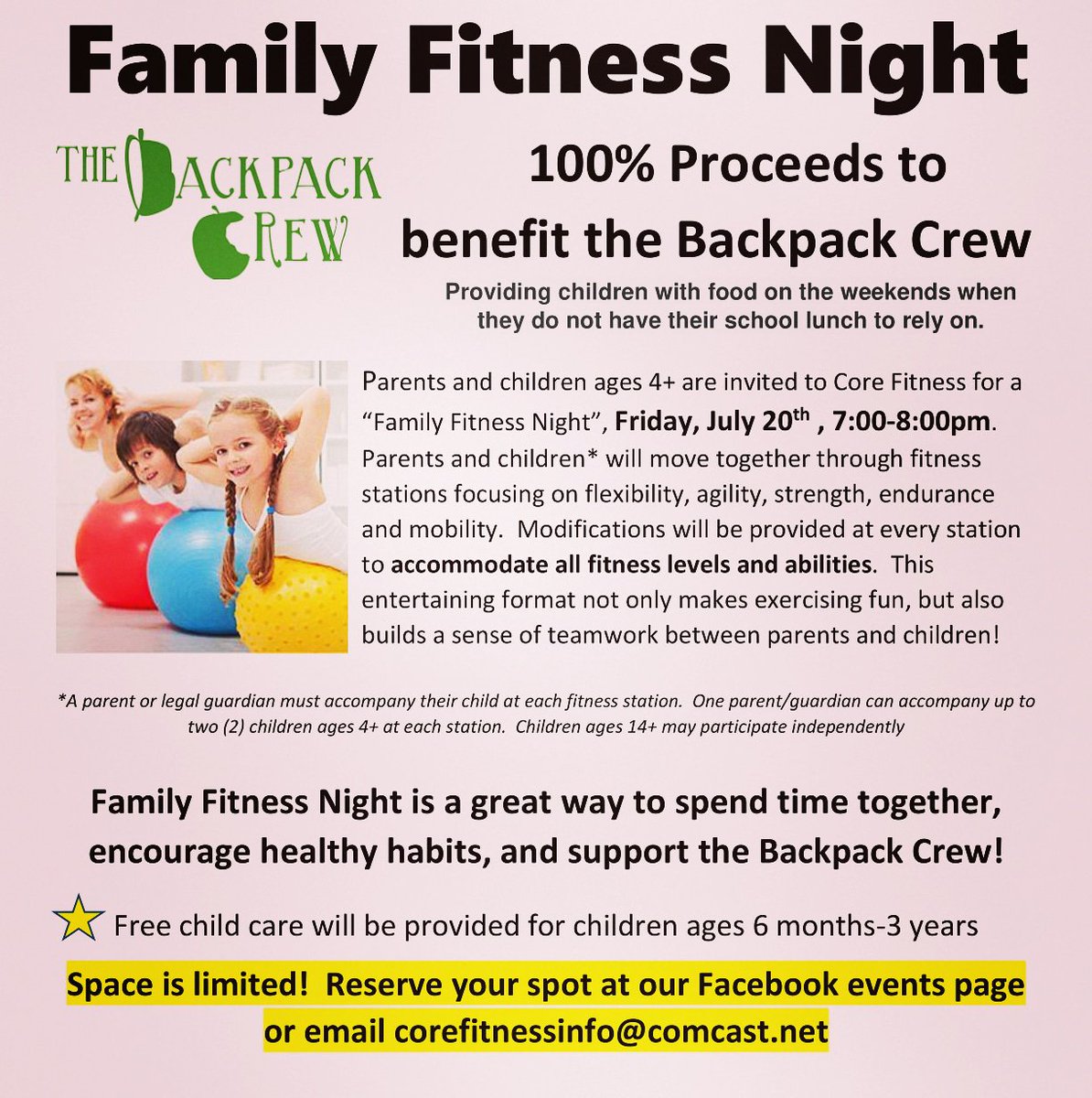 CoreFitnessNJ's tweet photo. This Friday you and your kids are invited to come support the Backpack Crew @thebackpackcrew at our "Family Fitness" night!
Learn more and register at https://t.co/mT9k5vq27V
#youcantbeawesomewhenyourehungry #backpackcrew #workoutforacause #familyfitness #corefitness https://t.co/wZT42xwobh