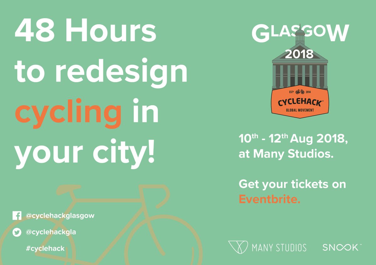 wearesnook's tweet photo. Are you passionate about improving cycling? Come along to #CycleHackGla to help us reduce the barriers to #cycling in the city 
Grab your weekend tickets now for August 10th - 12th 
#Glasgow #cyclinginthecity #designthinking
https://t.co/K3EPp3N3UY https://t.co/SesCJfAFT3