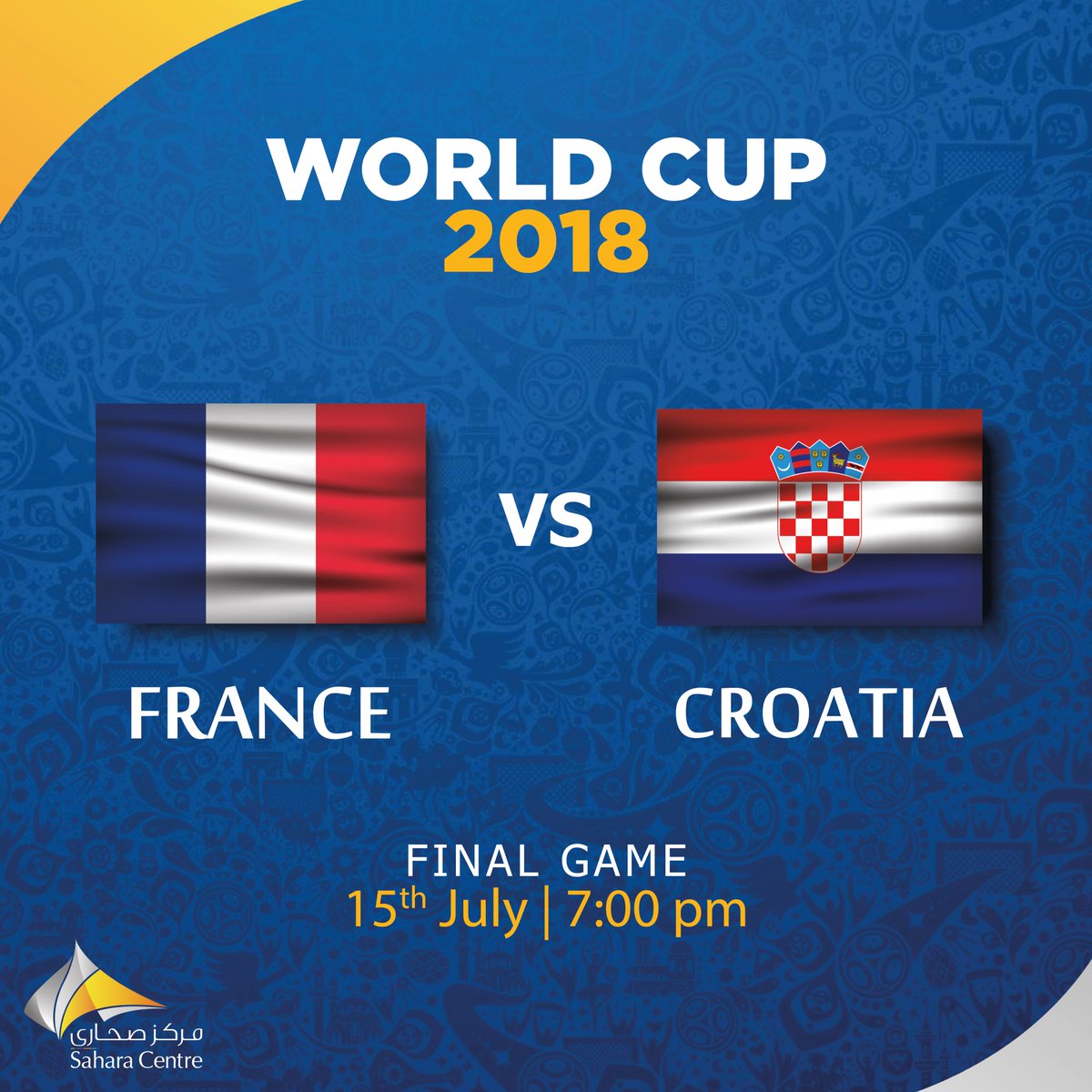 SaharaCentre's tweet photo. #ScoreBigWithSahara

The GRANDEST of finales is here!
Take part in the most exciting finale of the Sahara World Cup Competition.
Simply like our page, post your prediction of who will win Cup while tagging a friend and a 200 Dirham Sahara Shopping Voucher is yours.
*T&amp;C Apply https://t.co/4BV3HC0gEa