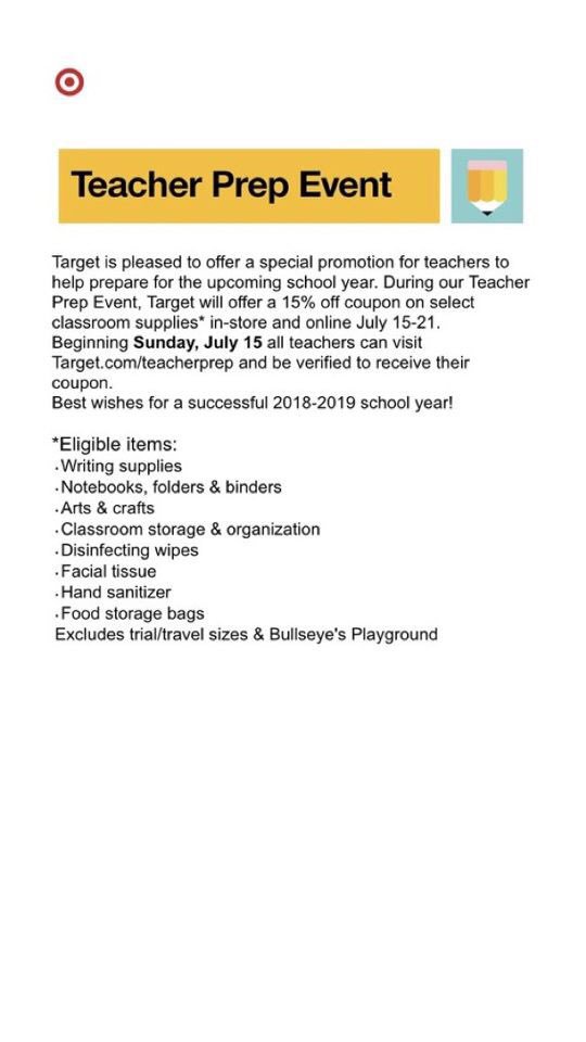 acahill49's tweet photo. A huge thank you to all the amazing teachers that shape our youth!!!@TayOnTarget @awibbs09 @A_Leigh_  #targetlovesteachers #teacherperks https://t.co/7p4b65W6nK