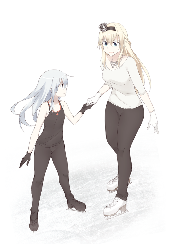 hibiki (kancolle) ,warspite (kancolle) ice skates multiple girls skates 2girls long hair gloves blonde hair  illustration images