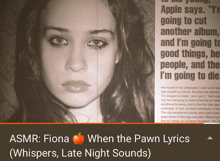 asmrlyrics's tweet photo. ASMR: Fiona Apple When the Pawn Lyrics 

🍎https://t.co/0bj52f40tU

[whispers, late night sounds]
#asmr #fionaapple https://t.co/iCu5gEwKYA
