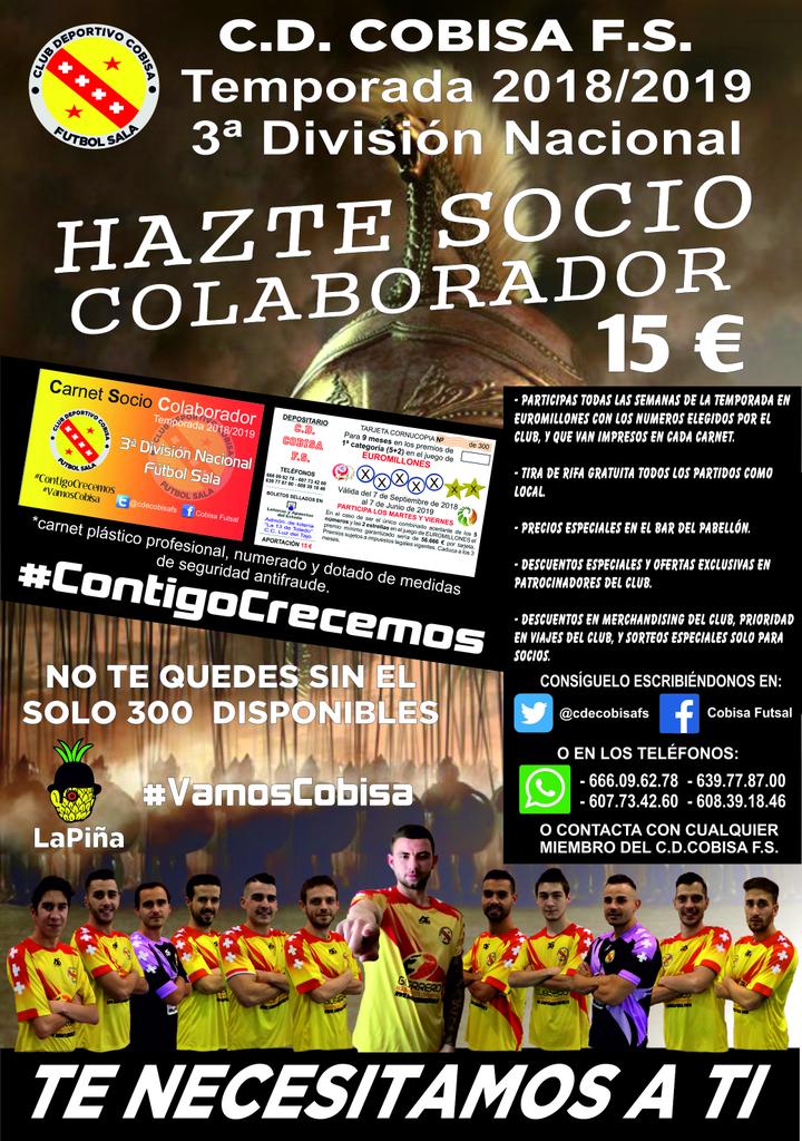 cdecobisafs's tweet photo. [OFICIAL] Abierta la campaña de socios colaboradores del club, temporada 2018/2019 Tercera División Nacional. 

!! OS NECESITAMOS A TODOS !!
   !! TE NECESITAMOS A TI !!

Noticia ampliada en nuestro facebook: Cobisa Futsal 

#ContigoCrecemos 
#VamosCobisa https://t.co/3CL37s3O3L