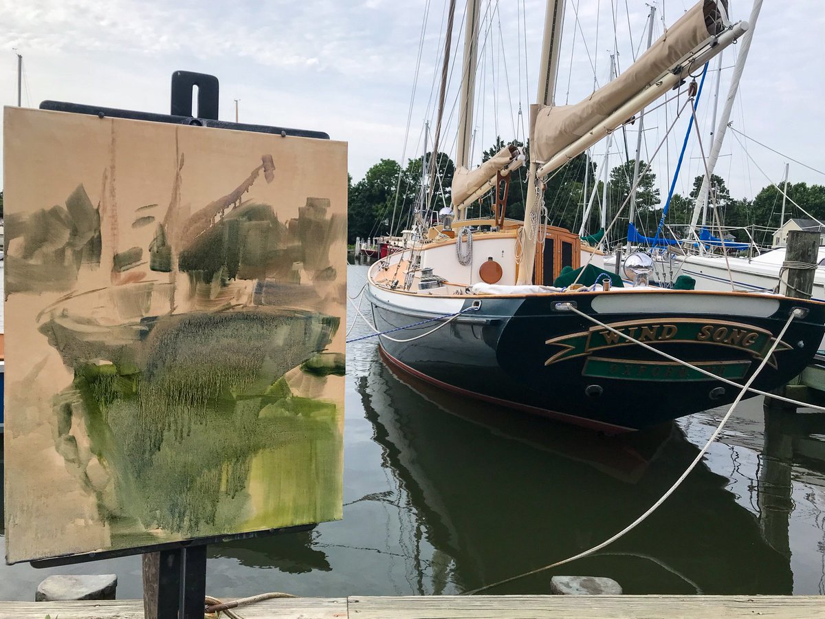 pleinairstream's tweet photo. @psaundersart painted a one-of-a-kind custom sailboat built in 1979, the "Wind Song", docked at its slip at #HinckleyYachtServices in #Oxford #Maryland for @pleinaireaston's #PaintOxfordDay today.

"Wind Song" (oil on linen, 14"x18"). #patricksaunders #pae2018 #pleinaireaston https://t.co/hnfC95aJ8x