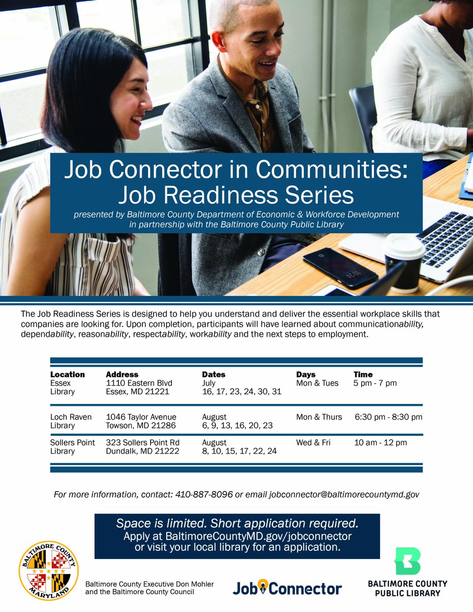 BaltCoGov's tweet photo. The #JobConnector Job Readiness Series will teach participants about dependability, respectability, workability & the next steps to employment! Apply at https://t.co/FNu3Dse2YD or contact 410-887-8096 / jobconnector@baltimorecountymd.gov for more info. #BaltCoJobs #BaltCoCareers https://t.co/3DB2kwH5Rn