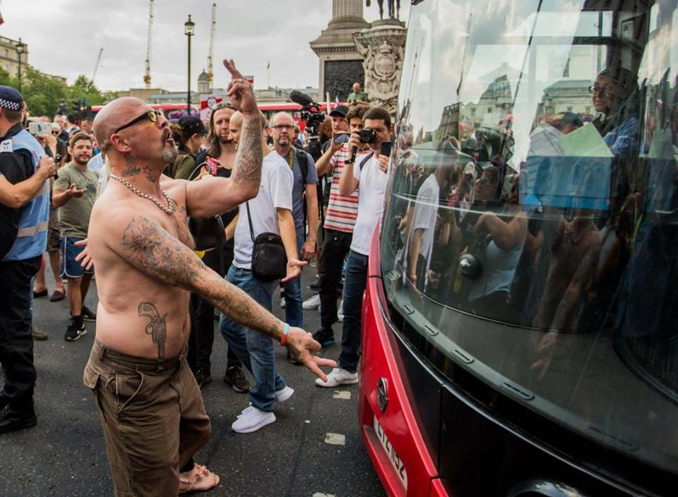 TellMamaUK's tweet image. As racists and fascists try and intimidate a Muslim woman driving a bus for the public, her dignity far outweighs the shirtless buffoonery and digusting behaviour of those intimidating her.

 Extremists like these are a threat to the peace of our communities.