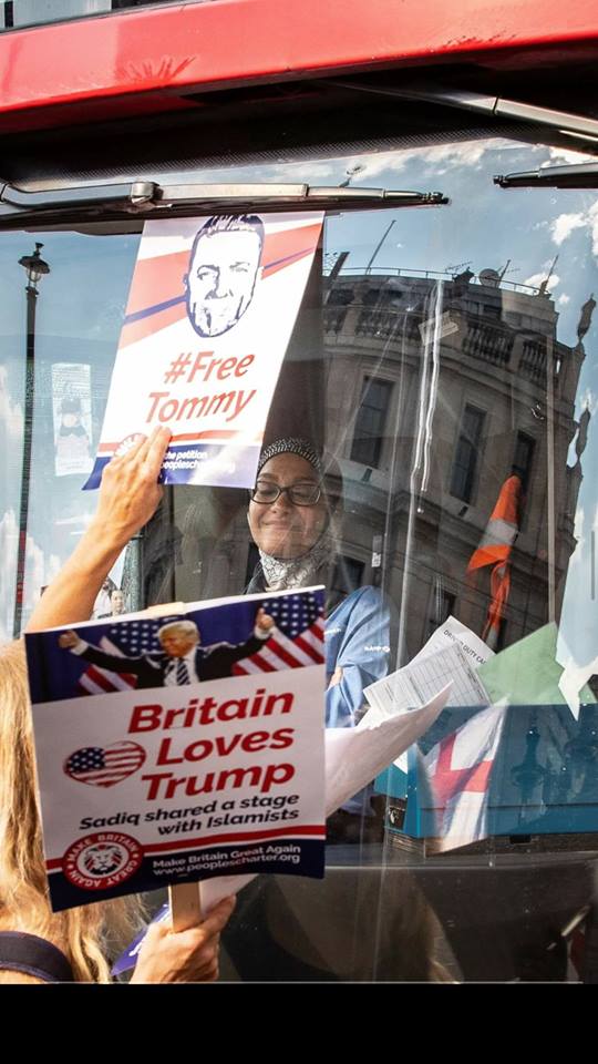 TellMamaUK's tweet image. As racists and fascists try and intimidate a Muslim woman driving a bus for the public, her dignity far outweighs the shirtless buffoonery and digusting behaviour of those intimidating her.

 Extremists like these are a threat to the peace of our communities.