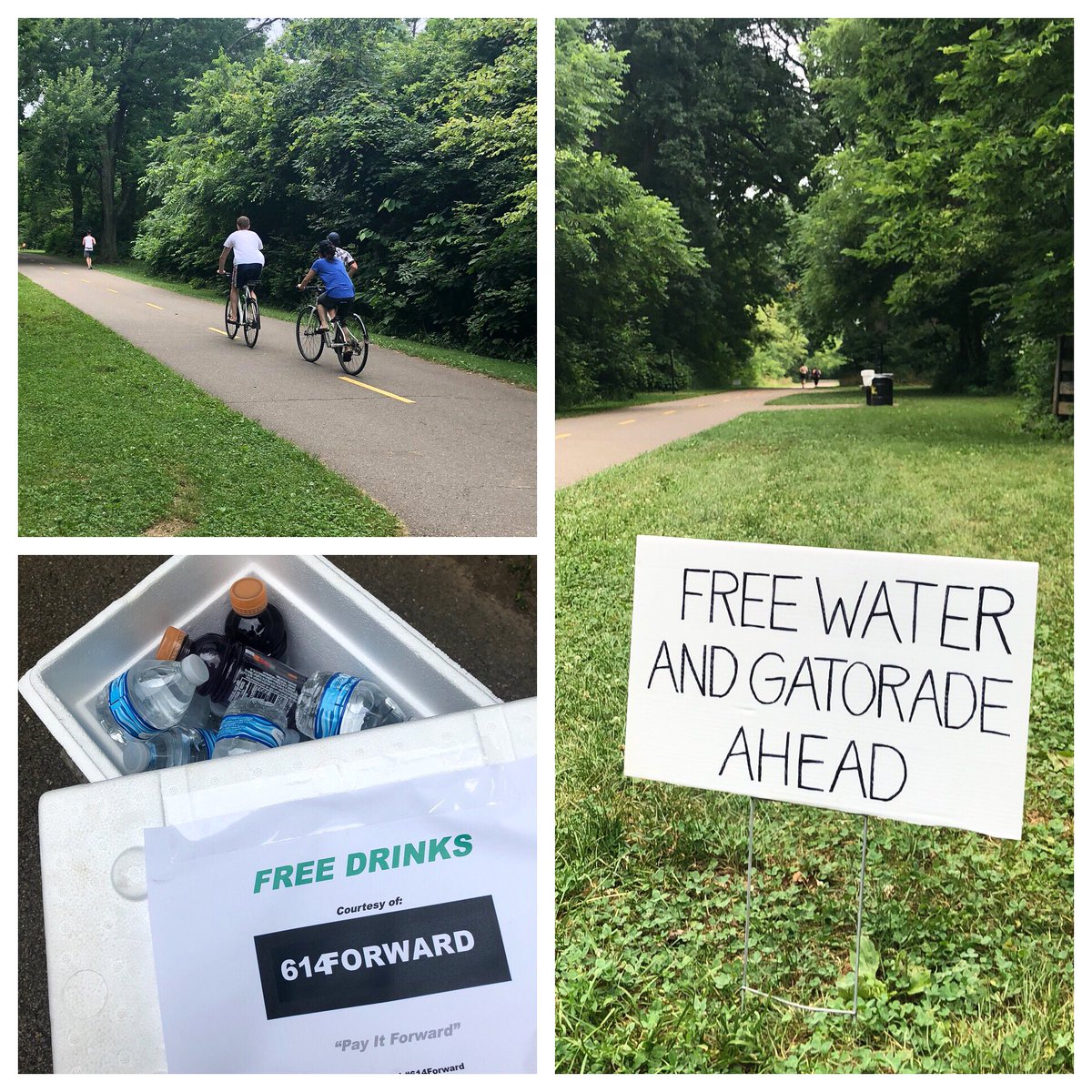 614Forward's tweet image. Free drinks for runners and riders on the Olentangy Trail today #PayItForward #LifeInCbus #614Forward