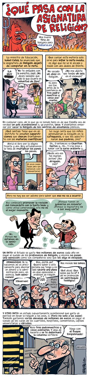 Humor-denuncia. Hoy la tira cómica de @BeVergara en <a href="/eldiarioes/">elDiario.es</a> .es nos ilustra lo que venimos pidiendo desde hace años y lo que hemos denunciando recientemente ¿Qué pasa con la Religión? <a href="/PSOE/">PSOE</a> #EscuelaLaica #EscuelaPública
@EuropaLaica2001 <a href="/laicismoorg/">Observatorio del Laicismo</a>