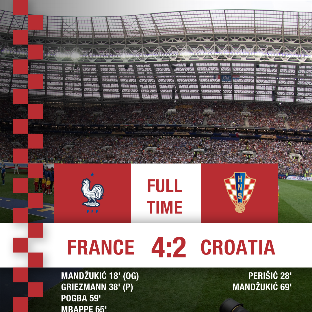 🇫🇷🆚🇭🇷
It's all over in Moscow. @FrenchTeam celebrates #WorldCup title, #CRO proudly takes silver!
#BeProud #FlamingPride #Family #WorldCupFinal #Vatreni🔥