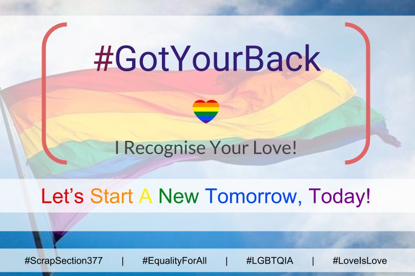 IndiaLgbtqQnQ's tweet photo. Retweet if you know at least one #LGBTQ person and respectfully recognize their #Love

It's time to show your support. It's #NowOrNever 🇮🇳🏳️‍🌈

#scrap377 #Section377 #LoveIsLove #LGBTQIA #GotYourBack #EqualityForAll #India https://t.co/9dU2BywSeu