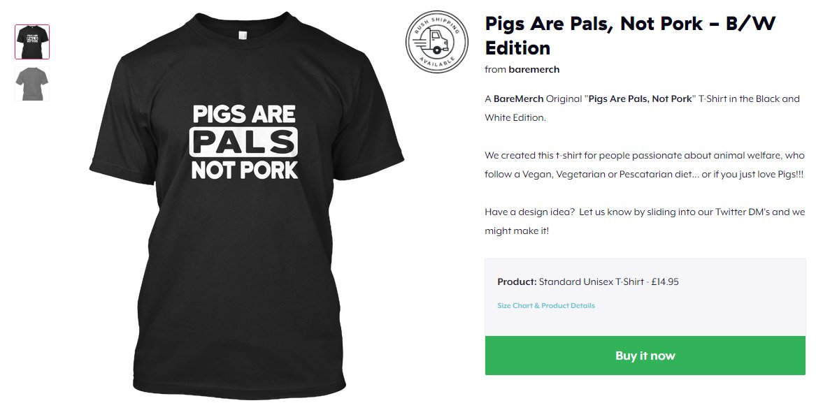 bare_merch's tweet photo. (Only £14.95) The new "Pigs Are Pals, Not Pork" t-shirt, Black and White Edition!

Whether you are Vegan, Vegetarian, or just love pigs, you'll be proud to wear this tee!

https://t.co/zyIiTYoi6C

#animals #pigs #baremerch #tshirts https://t.co/xuFasoiuB2