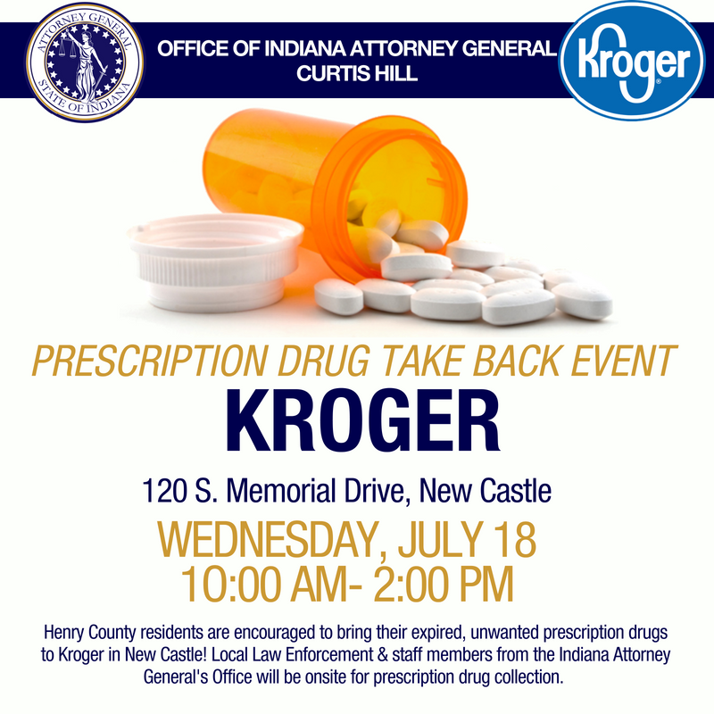 AGToddRokita's tweet photo. Henry County residents- #OAG staff will be in New Castle at @kroger for #DrugTakeBack on July 18. Stop by from 10am-2pm! https://t.co/aDG58p8BD1