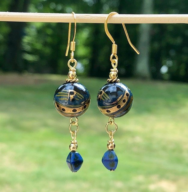 Blue Gold Ceramic Earrings etsy.me/2zCCWlY #handmade #jewelry #earrings #blueearrings #bluegoldearrings #dangleearrings #dropearrings #longearrings #ceramicearrings #ceramicbeadearrings #prettyearrings #ooak #oneofakind #shophandmade #etsy #etsyjewelry #gift