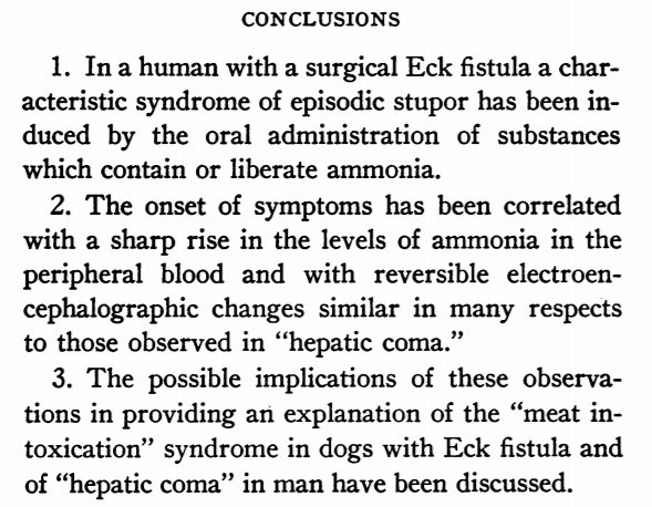 They noticed he would get confused after eating meatCould this be "meat stupor"? What's in meat? Amino acids and NH3 containing stuff!To summarize, the highlights:First they fed him urea -->HE(Urea --> Ammonia)So they fed him ammonia -->HEThus Ammonia -->HE. QED