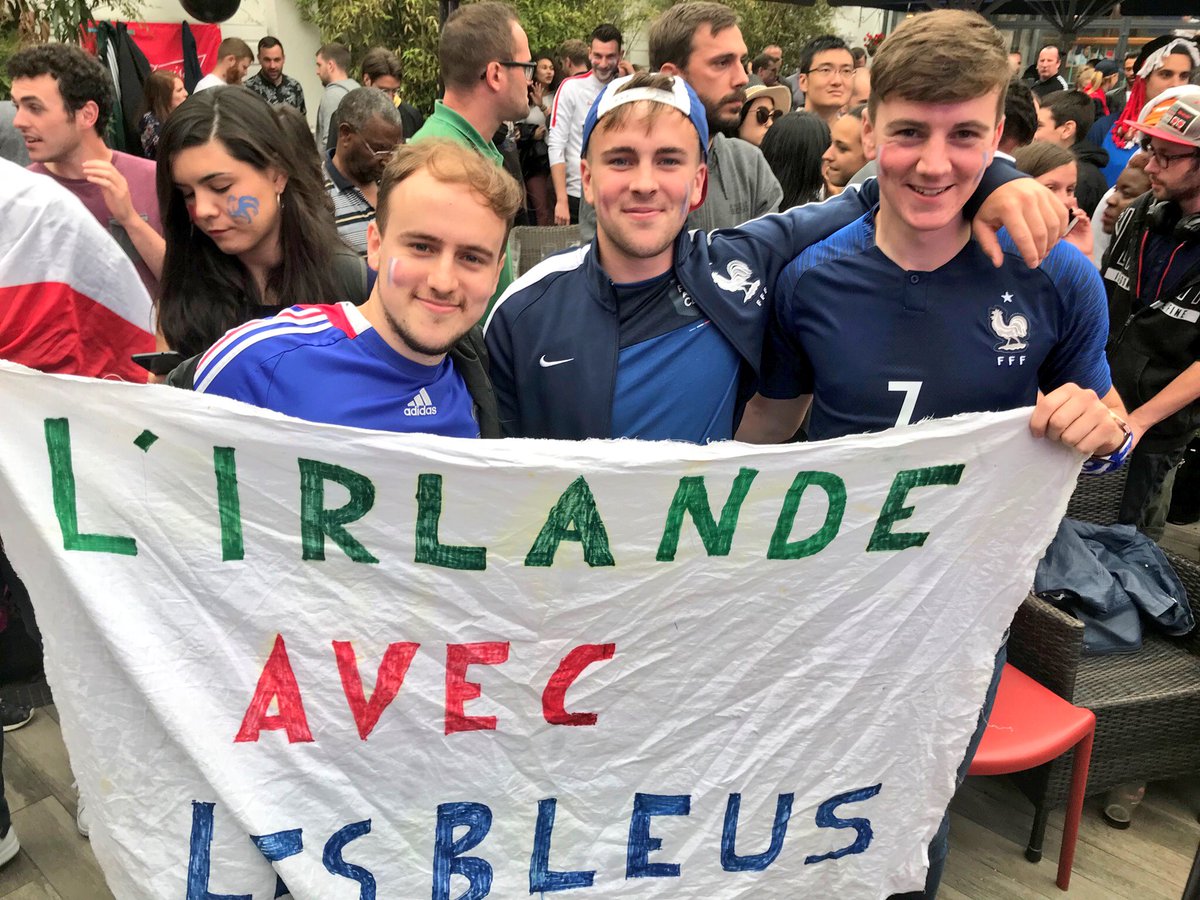 FranceinIreland's tweet photo. So much happiness around Ireland among the French community after the French victory! Congratulations to the Croatian team for a beautiful #WorldCupFinal! #WorldChampions #WorldCupRussia2018 #AllezlesBleus #FiersdetreBleus https://t.co/EFC9N8Ygqz