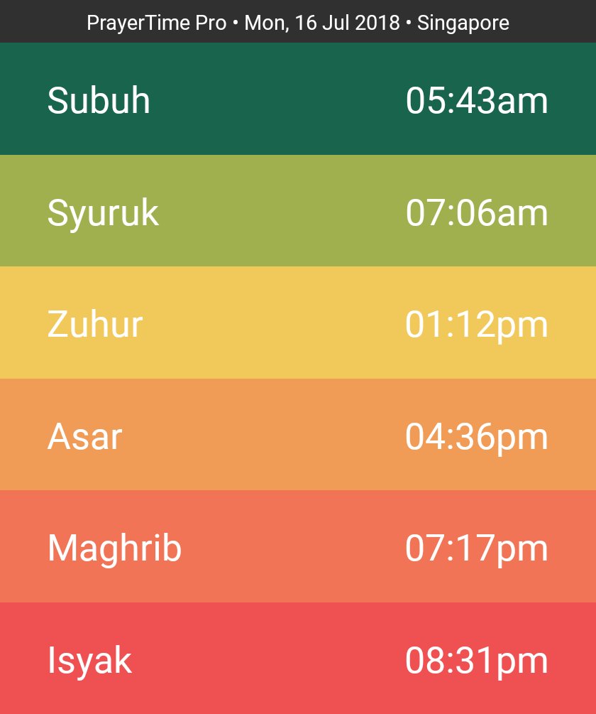 Prayer times for 16th July 2018 in Singapore. (via <a href="/PrayerTimePro/">PrayerTime Pro</a> app)