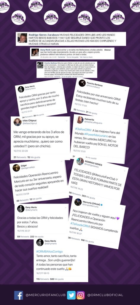 ORMClubOficial's tweet photo. A través de los años varios integrantes de @GrupoMercurio y de su staff nos hicieron llegar sus felicitaciones...guardamos como grandes tesoros las primeras ☺️💜

#9AñosDeORM https://t.co/0yItwAwoNr