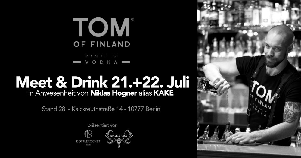 MaleSpaceBerlin's tweet photo. @ToFVodka Berlin Pride Special
we invite you to our "TOM OF FINLAND - organic VODKA" stand for a very special Meet &amp; Drink. Enjoy a nice Cocktail and meet Niklas Hogner - Actor of KAKE in the movie "TOM OF FINLAND" https://t.co/Kw8loGBfKV