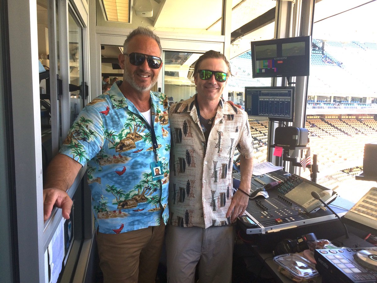 TODD_LEITZ's tweet photo. #DodgerStadium sound engineer Patrick Sweeney and I bid “Aloha” to the first half of the @Dodgers 2018 season in the #PABooth before the final game of the #FreewaySeries against the @Angels https://t.co/cJP6oWaB9U
