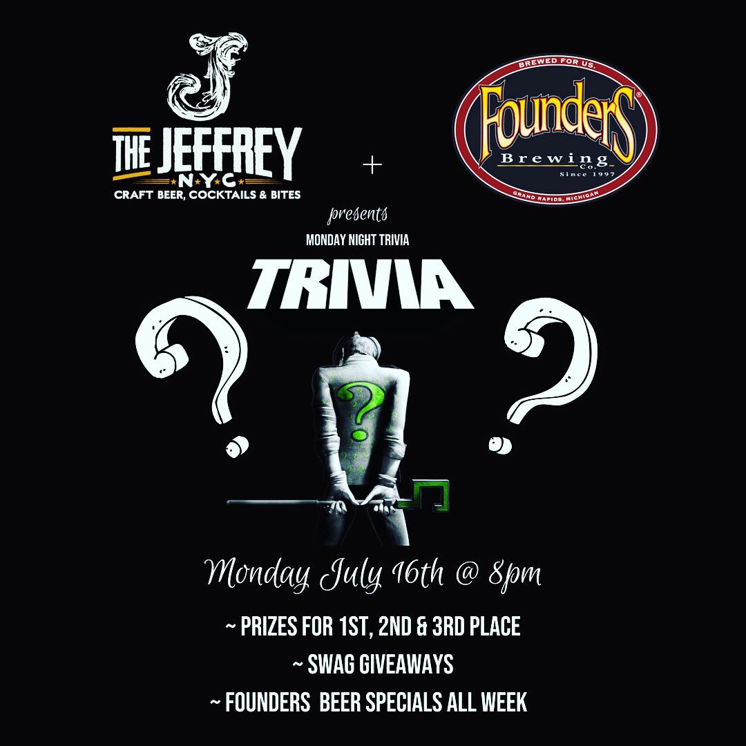 Listen up nerds! Tomorrow’s trivia is brought to you by @foundersbrewing which means we’ll have $5 Founders drafts & cans all night as well as swag to give out for prizes! Hosted by @NYCTRIVIALEAGUE , it kicks off at 8pm. #ThePlaceToBeer #NYCTrivia