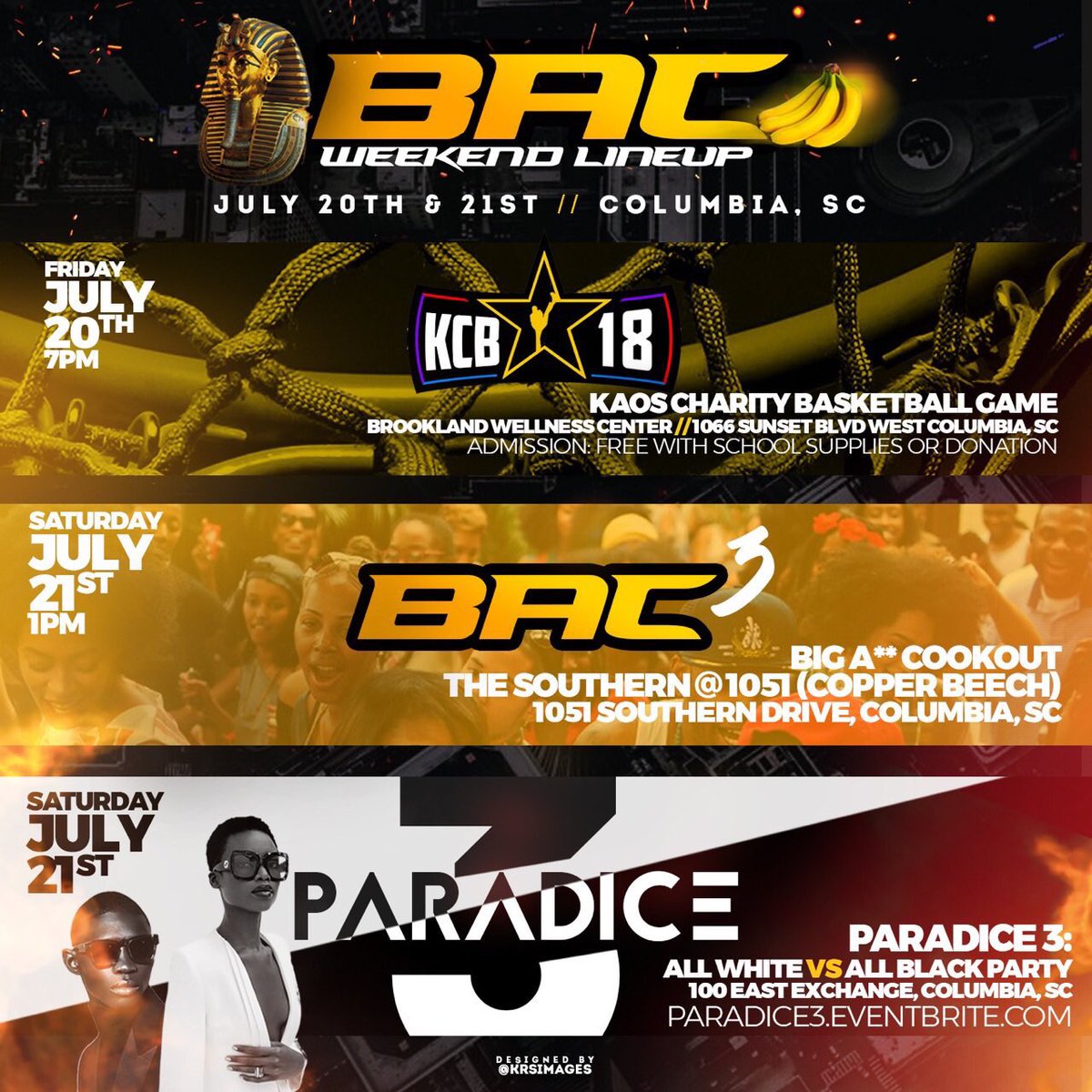 AUBC_Connect's tweet photo. 🚨THE COLDEST LINE UP OF THE SUMMER‼️ 🎬 #BACWeekend2018 | #KCB18 🏀🏆⛹🏾♂️7.20.18 | #BAC3 🍔🌭🍗| #Paradice3 The All Black vs. All White Party ⚫️⚪️😎| Columbia,SC | 7.21.18 |🐘🐶🐰🐺🐸🐱🐩Greeks $10 ALL NIGHT‼️ 🚂❄️ GET YOUR TICKETS AT https://t.co/q6FBHHXsCc 👈🏾 https://t.co/7gpnjLXljH