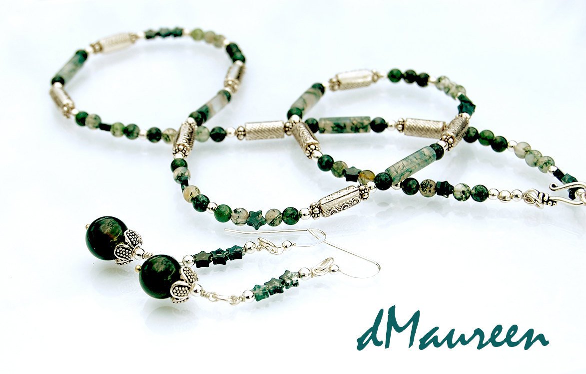 Green Bridal Jewelry 404ENSS Earrings & Necklace Set Long Sterling Silver Bead Earrings / Necklace Green Mossy Agate Bali beads Gemstone May tuppu.net/a4be5a5b #Etsy #dMaureenVastine #NecklaceEarringSet