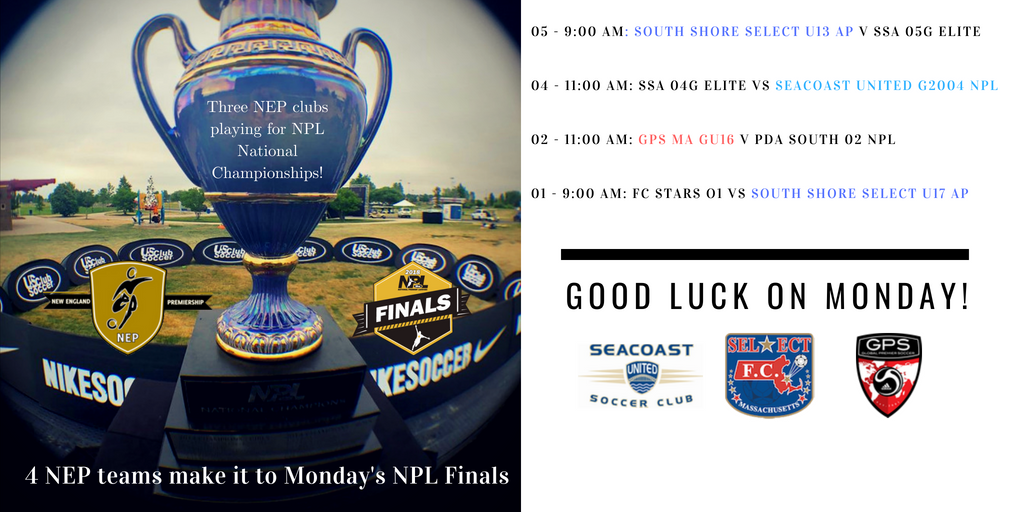 An exciting day today &amp; more excitement tomorrow for our <a href="/NEPremiership/">NEP</a> <a href="/NEPGirlsNPL/">NEPGirlsNPL</a> teams at the <a href="/USClubSoccerNPL/">National Premier Leagues</a> #NPLFinals! Four teams left with an opportunity to play for a National Championship! <a href="/SSSelect/">Select Soccer Club</a> <a href="/SeacoastUnited/">Seacoast United</a> @globalpremsocc <a href="/USClubSoccer/">US Club Soccer</a>