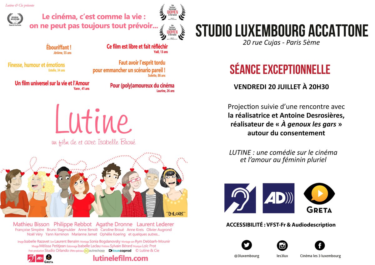 IsaLutine's tweet photo. 📢 OYEZ PLACES A GAGNER 🎬 Ciné-rencontre ven 20 :
#LUTINE + Antoine Desrosières, réalisateur d'À GENOUX LES GARS.
On parlera cinéma et... #consentement !
➡️ FOLLOW + RT : tirage au sort le 20 à 12h. @LE2EMEREGARD @Feminnister @LadyShagass @MorganCinema @zephyrmag #VFST https://t.co/qJrlBiUJ96