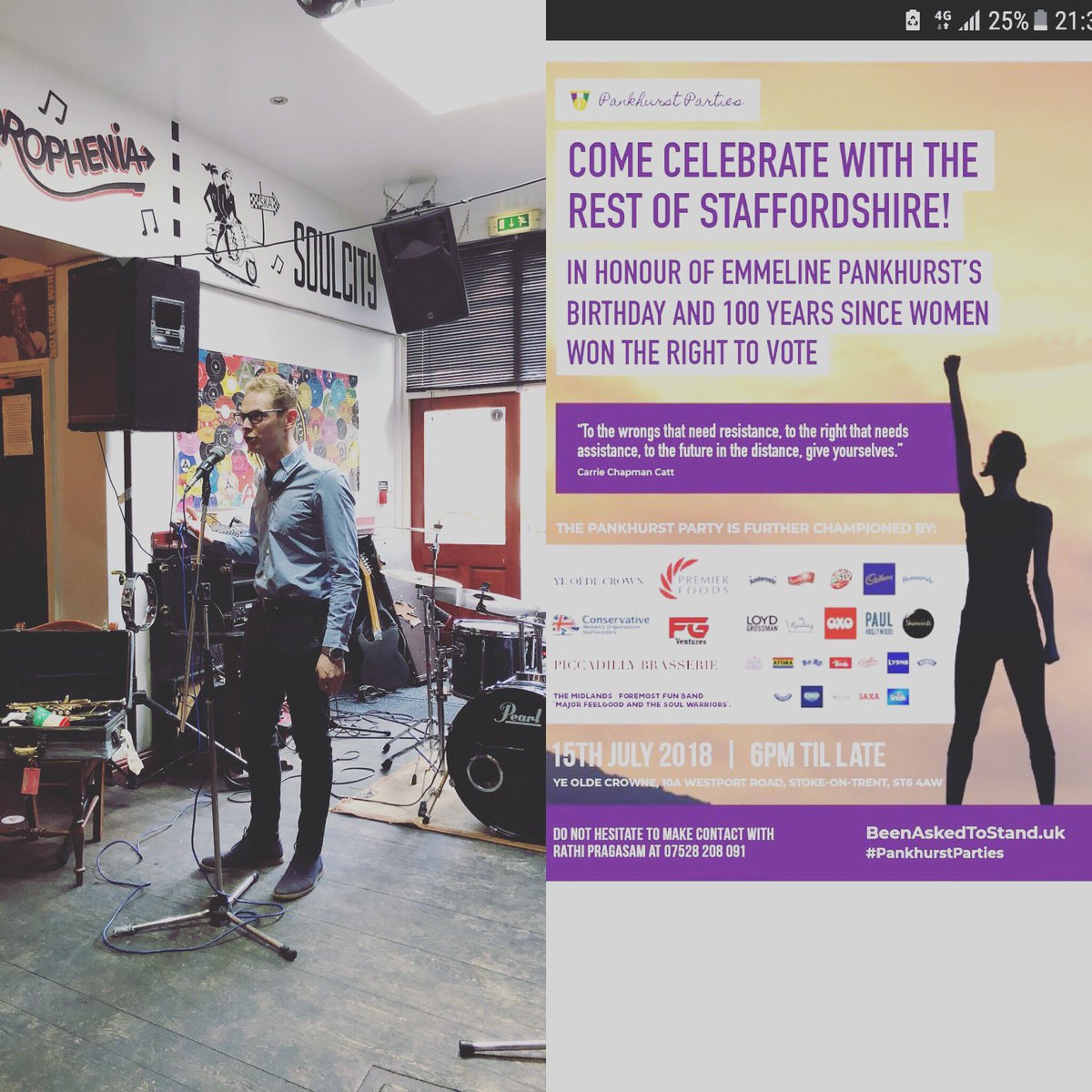 AbiBrown1's tweet photo. Great to be part of #StokeonTrent @PankhurstParty tonight in #Burslem alongside #JackBreretonMP &amp; @ASollowayUK - celebrating 💯 years since women won the right to vote 🗳 #proud https://t.co/8h6iPSD4He