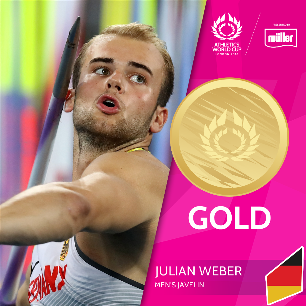 AthWorldCup's tweet photo. Your Men's Javelin Medallists:

1. GER - 82.80
2. POL - 80.25
3. USA - 75.47

#AthWorldCup #Muller https://t.co/amnqqFe2Jh