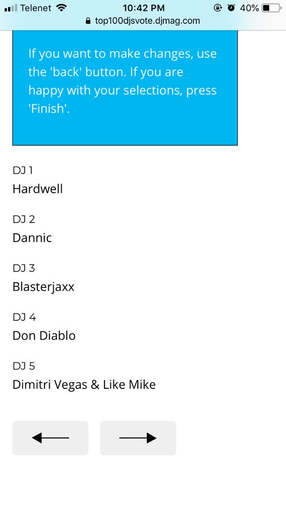 My <a href="/DJmag/">DJ Mag</a> #top100djs  votes go to ... 
1. <a href="/HARDWELL/">Hardwell</a> 
2. <a href="/dannic/">Dannic</a> 
3. <a href="/Blasterjaxx/">BLASTERJAXX</a> 
4. <a href="/DonDiablo/">DonDiablo</a> 
5. <a href="/dimitrivegas/">Dimitri Vegas</a> &amp; <a href="/likemike/">LIKE MIKE</a>