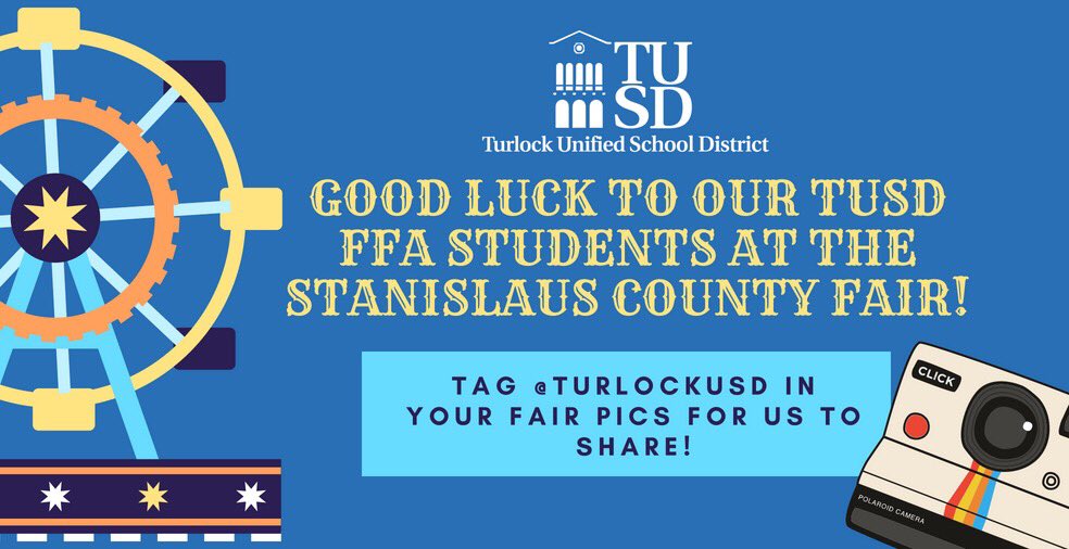 TurlockUSD's tweet photo. We’re so excited about the Stanislaus County Fair! TUSD FFA and 4-H students be sure to tag @turlockusd in your pics and hashtag #TUSDSUMMER18 so we can share all of your amazing accomplishments! 🎡 #TUSD https://t.co/yrip8M2BH5