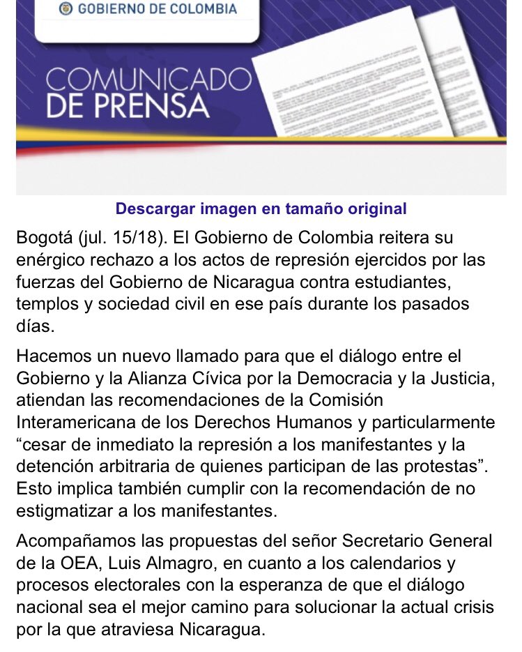 VivancoJM's tweet photo. Muy buen pronunciamiento de @CancilleriaCol sobre la represión en Nicaragua. 

Se está construyendo un consenso entre los principales países de la región para condenar el baño de sangre en Nicaragua. https://t.co/AUDlVoM7Rc https://t.co/syc8jbVzkM