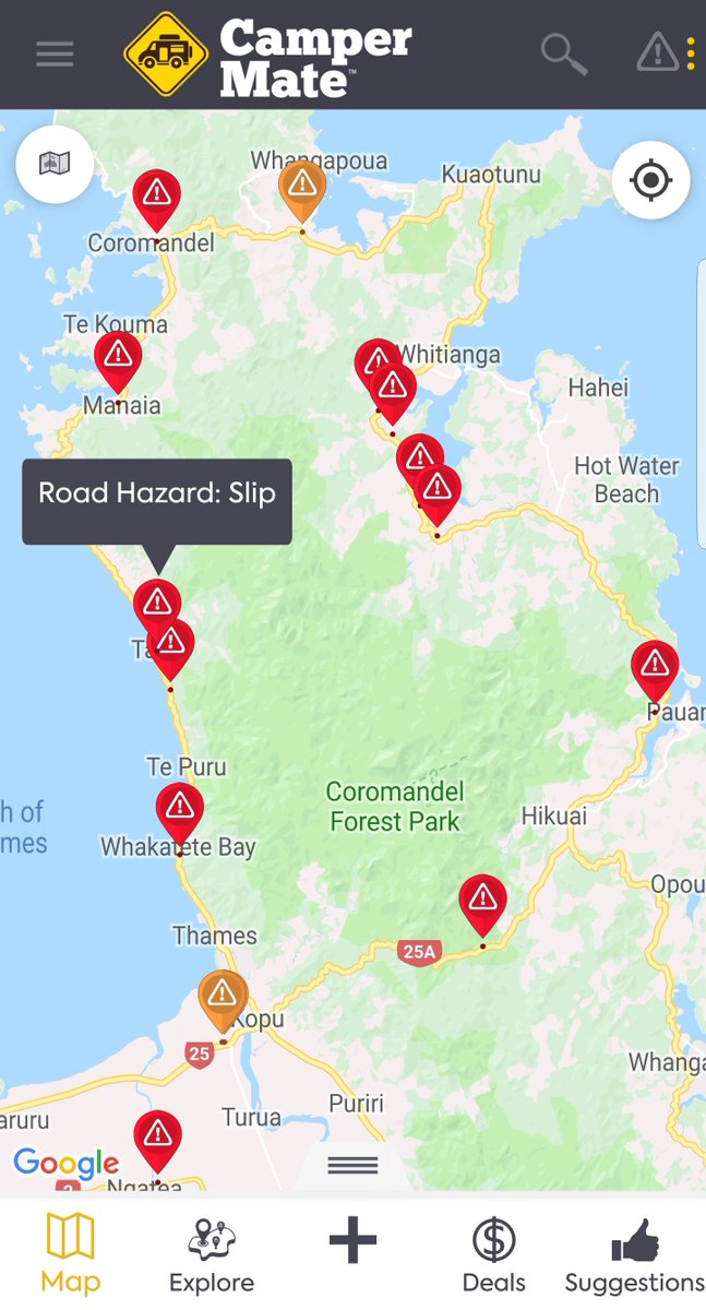 campermate's tweet photo. Two main Coromandel roads remain closed due to floods and slips following yesterday's torrential downpour. And more heavy rain is forecast for some areas, including Auckland, today. Check our CamperMate app for current Road Warnings! Stay dry and travel safe... https://t.co/RGbwXcBkkG
