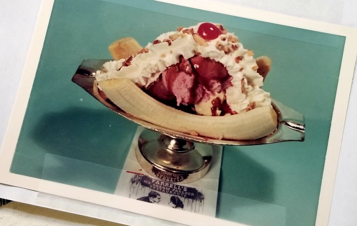 BakerPatrickJ's tweet photo. From the Farrell's recipe manual in 1966, the Banana Split. And a recreation for #NationalIceCreamDay #FarrellsBrea https://t.co/qA5ZC7A8Kg