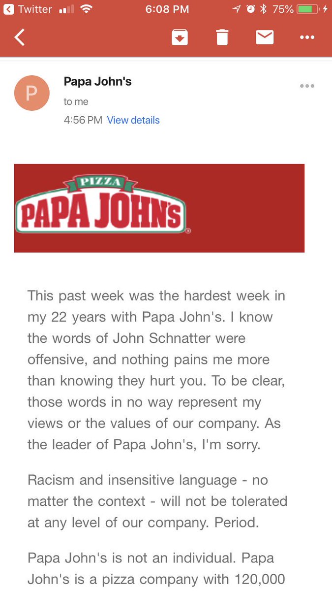 AppStateJen's tweet photo. Papa John’s response to John Schnatter’s racist comments rcvd via email today - it’s too late & your pizza gave me gas anyway #PapaJohns #RacistOwner #TooLate https://t.co/21xWabq5Lr