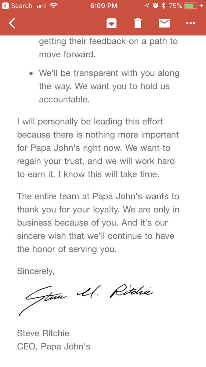 AppStateJen's tweet photo. Papa John’s response to John Schnatter’s racist comments rcvd via email today - it’s too late & your pizza gave me gas anyway #PapaJohns #RacistOwner #TooLate https://t.co/21xWabq5Lr