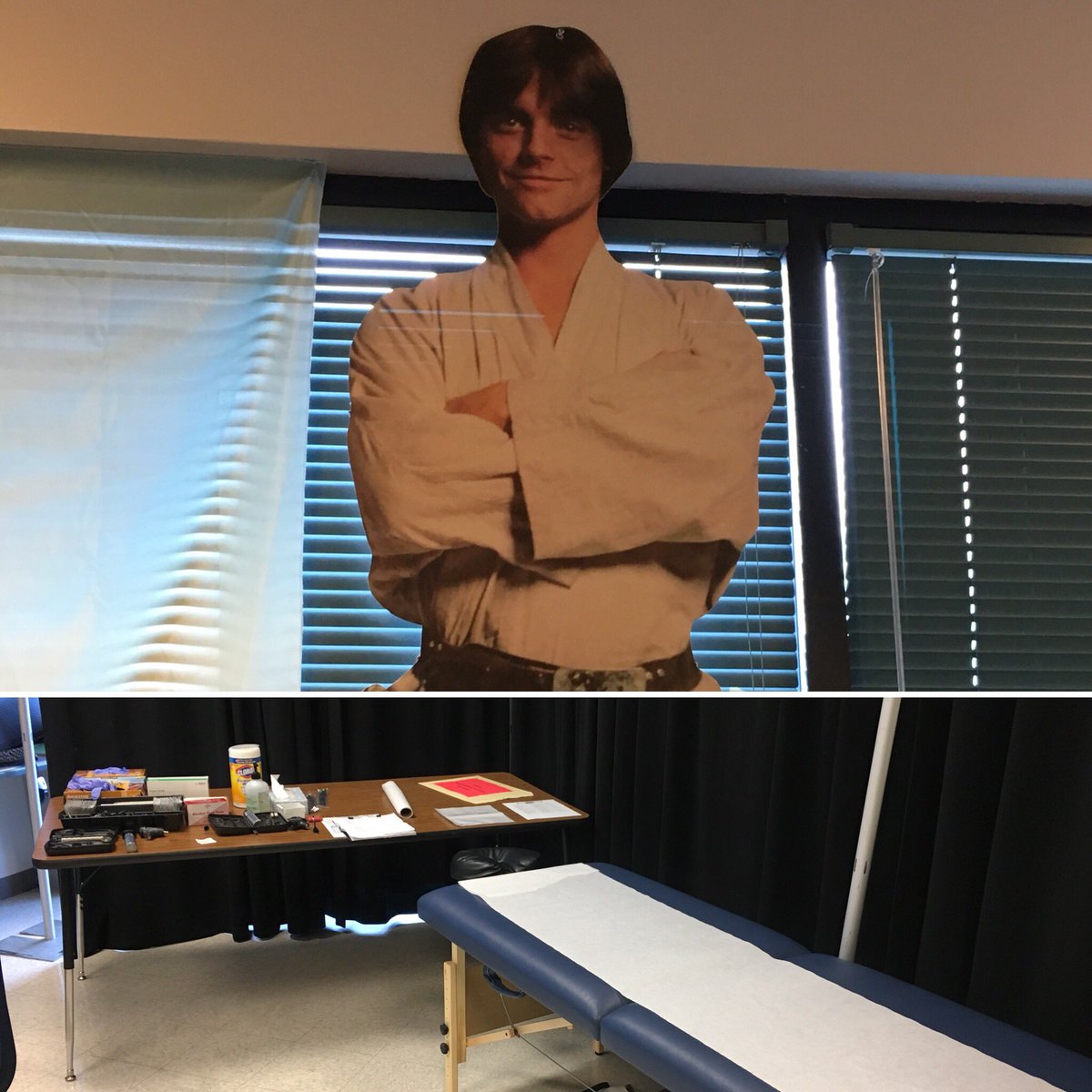 LoyalDistrust's tweet image. The Junior League Community Assistance and Resource Event (CARE) Fair - @HamillHimself is watching me while I provide #freehealthcare in a makeshift room to undocumented patients and those with no health insurance due to financial hardship. #RealLifeJedi #themasteriswithus.
