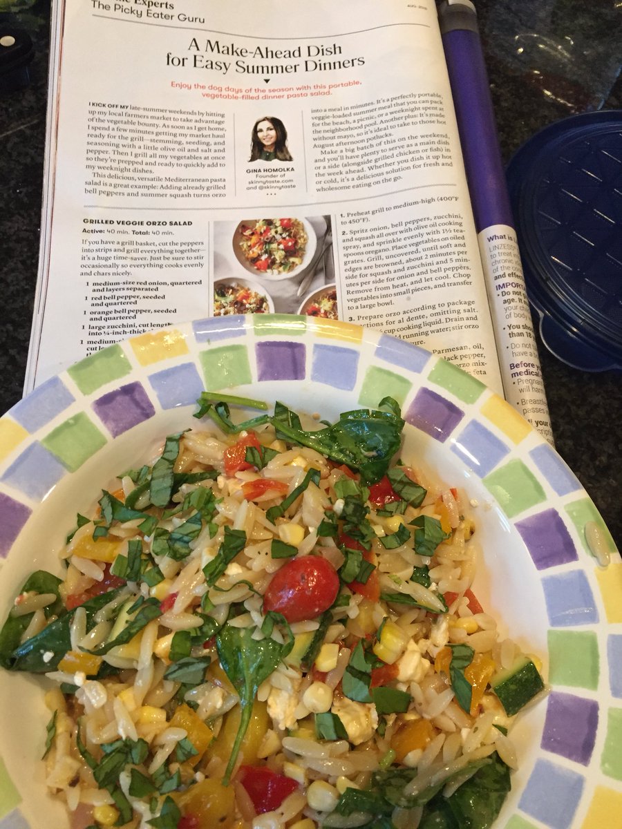 Yenn240's tweet photo. @Skinnytaste @CookingLight  Made the delicious grilled veggie orzo salad from the August issue! Added fresh spinach and basil- so good! https://t.co/bcXQtjBzQy