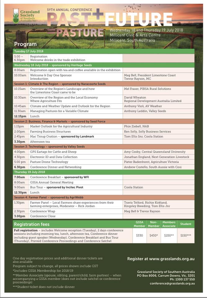 GSSALCBranch's tweet image. Have you registered for the #Grasslands Annual Conference #PastFuturePasture in Millicent this week yet? It’s not too late- head to the website for tickets: grasslands.org.au