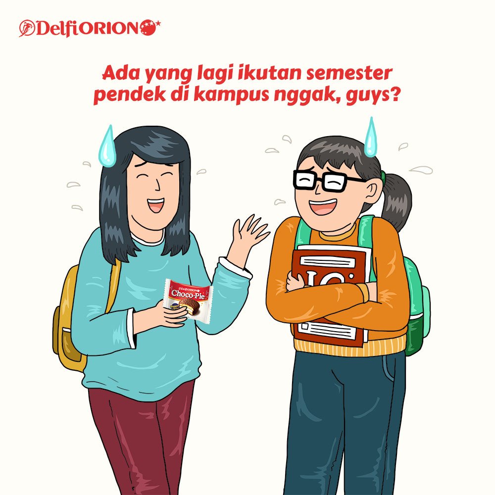 DelfiOrion's tweet photo. Ada yang lagi ikutan semester pendek di kampus nggak, guys?

Biasanya kita bakal ketemu temen-temen baru sih yang beda dari temen kelas kita, termasuk senior. Nggak perlu canggung buat ajak ngobrol guys, kasih @DelfiOrion Chocopie aja 😝

#delfiorion #chocopie #delfiorionchocopie https://t.co/V0iwIDJK2i