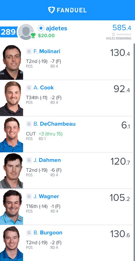 ajdetes's tweet photo. @KendoVT @Hump_Bumgardner @ToeTagginTambo @DFSgolfer23 @ThePME @TheMoosenomics @FanShareSports Not DK but this one breaks my heart. https://t.co/w243ExKsLF