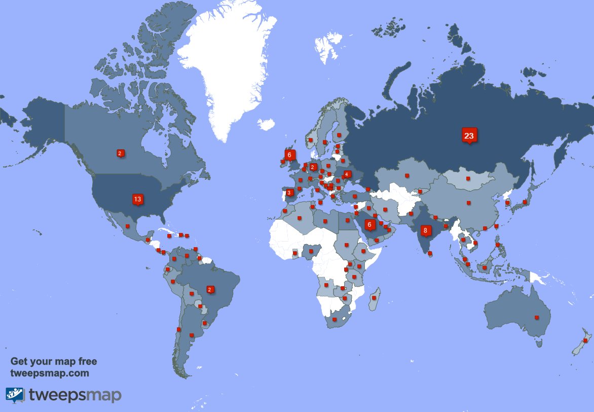 Special thank you to my 5 new followers from Russia, and more last week. tweepsmap.com/!asaoppenheimer .