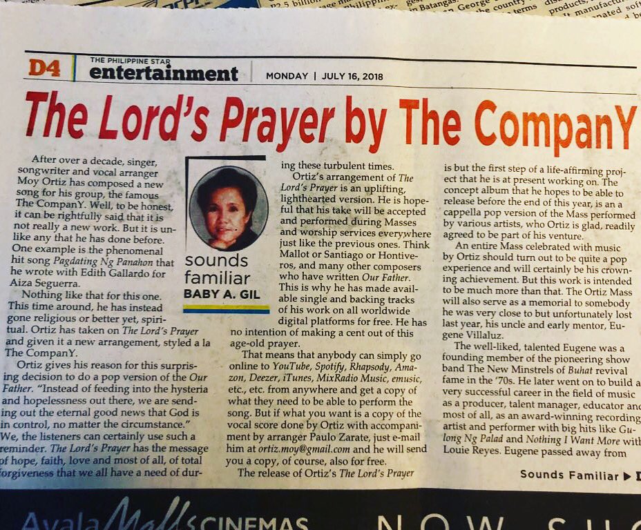 @thecompanysingers ‘ #thelordsprayer was featured in @philstarnews @cvdcita_gil column #soundsfamiliar #thecompanysingers #universalrecordsphilippines #wearestages #stagessessions #philstar