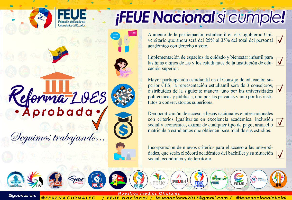 Tras meses de diálogos e intervenciones en la <a href="/AsambleaEcuador/">Asamblea Nacional</a> firmes por una Universidad en principios de participación, calidad y excelencia se aprobó la #ReformaLOES dond consideramos existn logros importants, seguiremos defendiendo y construyndo la educación pública de todxs!