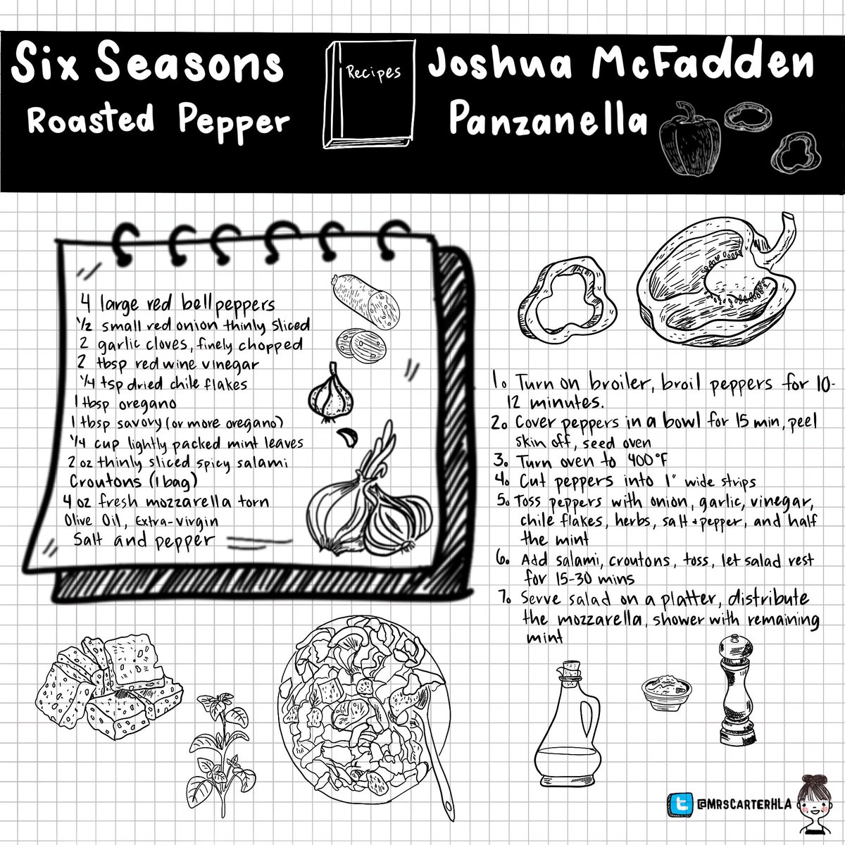 MrsCarterHLA's tweet image. Today’s #365daysofsketchnotes prompt was red pepper so I did this amazing recipe from @kperry #sketchnotes #sketchipes