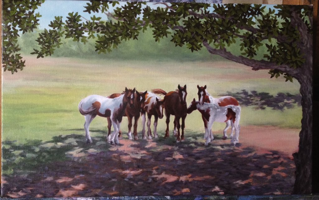 _MichaelSVieira's tweet photo. Day8 Getting closer to finishing this #OilPainting of #PaintedHorses finding shade under the #LiveOakTree in #MatadorTX still needs another layer of leaves & some of the #PintoHorses have weird hooves that need fixing #WestTexas #SpurTX #LandscapePainting #WesternArt #Art #WIP https://t.co/7uKuQ17Q27