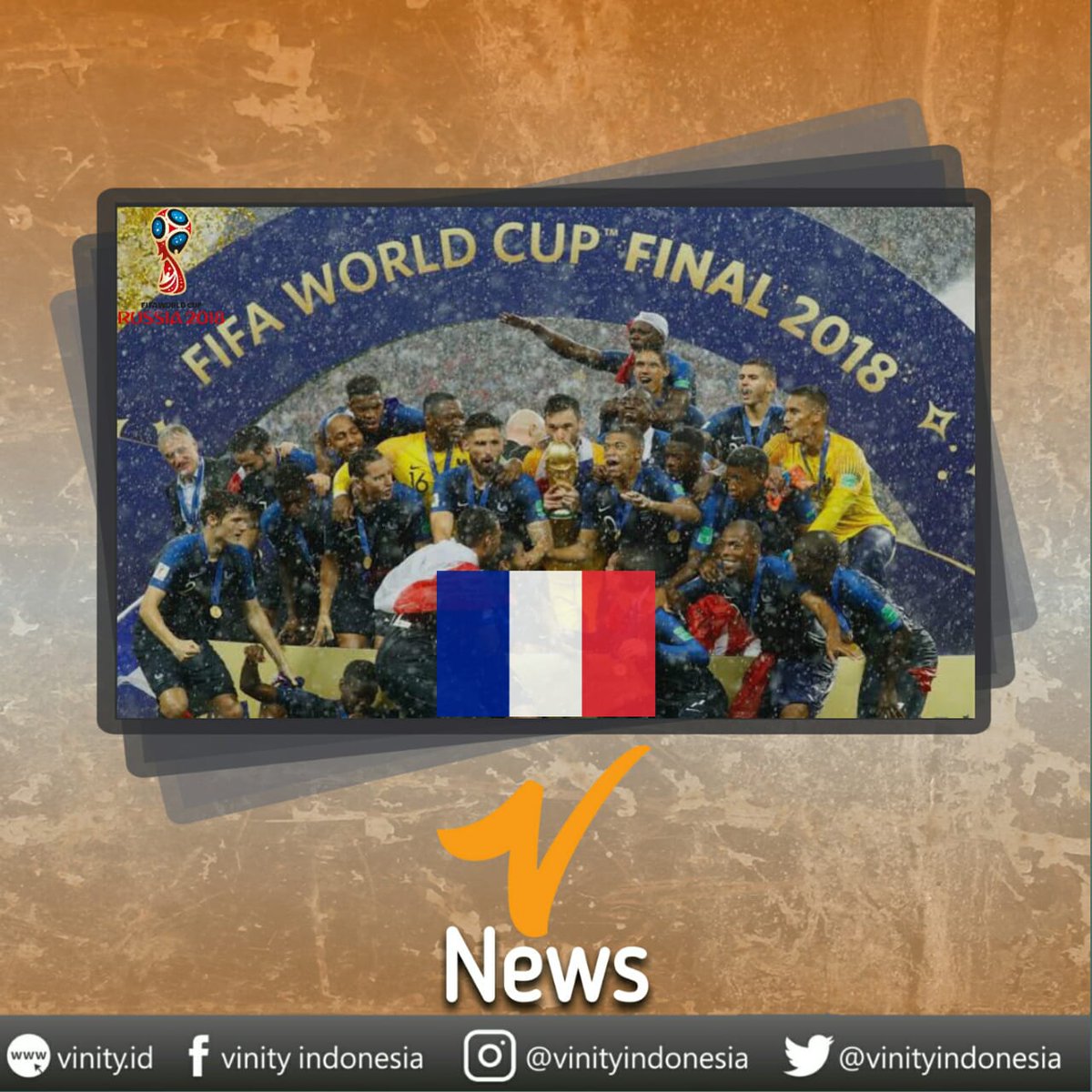 vinityindonesia's tweet photo. Selamat pagi teman Vinity
Kita ucapkan Selamat untuk Perancis yang menjadi Juara Piala Dunia 2018 dan D. Deschamps yang menjadi salah satu sejarah Perancis yang bisa mengangkat Piala Dunia sebagai Pemain dan Pelatih
#vinity #worldcup2018  #juaradunia #vnews #PialaDunia2018 https://t.co/uRX0nEYHBQ